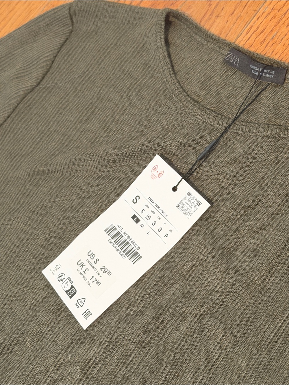 NWT Zara Olive Ribbed Long Sleeve Top - size Small